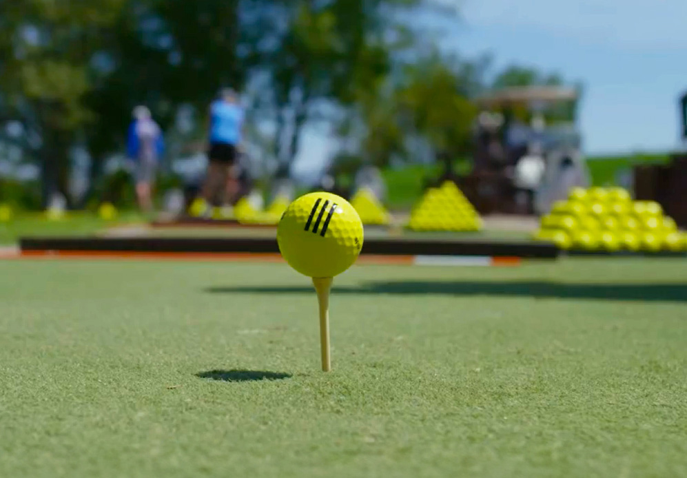 Tee with yellow golf ball on tee line turf 